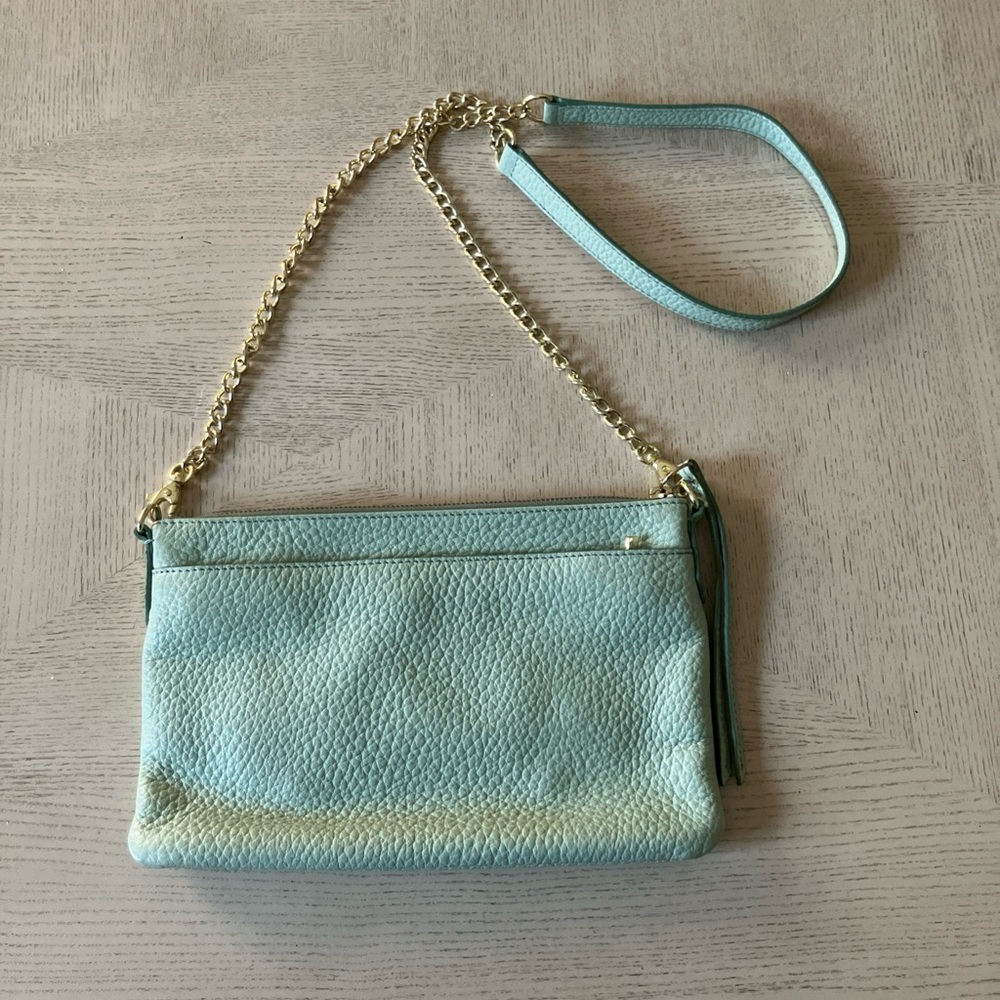 Fossil Mint Green Pebbled Leather Crossbody Purse Gold Chain Strap Small Bag